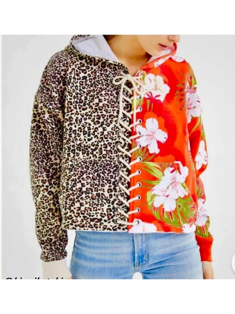 Urban Outfitters Red Floral & Leopard Lace-Up Hoodie Jacket